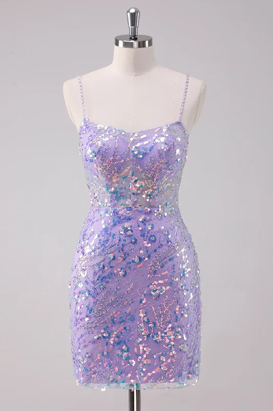 Party Dresses with Sequined Hearts and Ruffled Hem and Satin and Lace Combo and Bow at the Waist for Ladies' Romantic and Sweet LookSparkly Purple Bodycon Spaghetti Straps Sequins Short Graduation Dress Party Dresses with Sequined Hearts and Ruffled Hem and Satin and Lace Combo and Bow at the Waist for Ladies' Romantic and Sweet LookSparkly Purple Bodycon Spaghetti Straps Sequins Short Graduation Dress