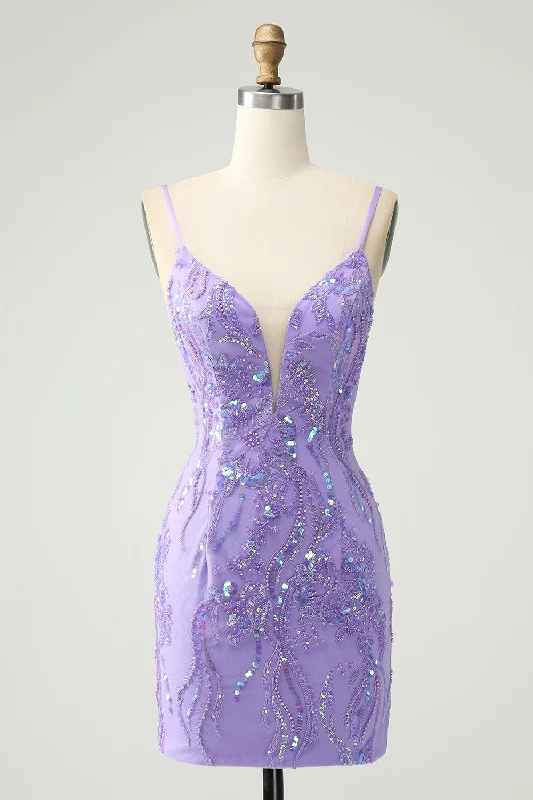 Party Dresses with Sequined Stripes and Sheer Back and Embroidered Birds for Ladies' Bold and Nature Inspired LookSparkly Purple Spaghetti Straps Tight Short Graduation Dress with Sequins Party Dresses with Sequined Stripes and Sheer Back and Embroidered Birds for Ladies' Bold and Nature Inspired LookSparkly Purple Spaghetti Straps Tight Short Graduation Dress with Sequins