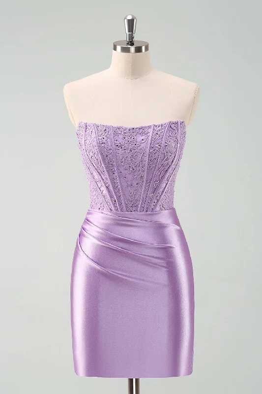 Party Dresses with Embroidered Birds and Sequined Floral Motifs for Ladies' Nature Inspired and Elegant LookSparky Purple Strapless Bodycon Short Graduation Dress with Lace Party Dresses with Embroidered Birds and Sequined Floral Motifs for Ladies' Nature Inspired and Elegant LookSparky Purple Strapless Bodycon Short Graduation Dress with Lace
