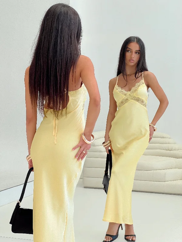 Party Dresses with Embroidered Birds and Sequined Floral Motifs for Ladies' Nature Inspired and Elegant LookTreasure Bias Cut Maxi Dress Lemon Party Dresses with Embroidered Birds and Sequined Floral Motifs for Ladies' Nature Inspired and Elegant LookTreasure Bias Cut Maxi Dress Lemon