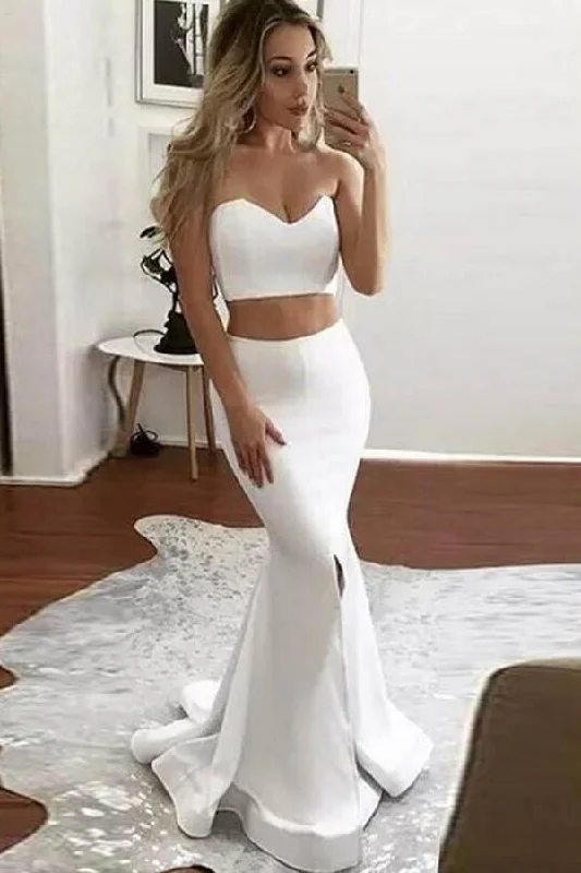 Vintage Inspired Party Dresses for Ladies' Retro Themed GatheringsTwo Piece Mermaid Sweetheart Sweep Train Ivory Prom Dress with Split PG428
