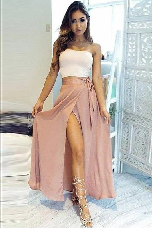 Party Dresses with Pleated Tulle Skirt and Sequined Geometric Shapes and Lace Overlay for Ladies' Princess and Feminine LookTwo Piece Strapless Ankle-Length High Split Chiffon Prom Dress PG433 Party Dresses with Pleated Tulle Skirt and Sequined Geometric Shapes and Lace Overlay for Ladies' Princess and Feminine LookTwo Piece Strapless Ankle-Length High Split Chiffon Prom Dress PG433