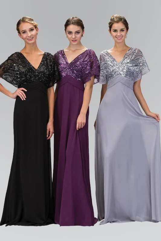 Party Dresses with Sheer Sleeve and Sequined Cuffs and Bow at the Waist for Ladies' Elegant and Sweet LookShort Sleeve Long Mother of Bride Dress Formal Party Dresses with Sheer Sleeve and Sequined Cuffs and Bow at the Waist for Ladies' Elegant and Sweet LookShort Sleeve Long Mother of Bride Dress Formal