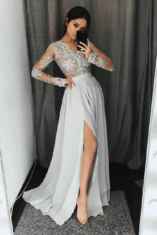 Party Dresses with Sheer Panels and Beaded Trim and Embroidered Paisley Patterns for Ladies' Sultry and Exotic LookV-Neck Long Sleeves Light Grey Chiffon Prom Dress with Appliques PG435 Party Dresses with Sheer Panels and Beaded Trim and Embroidered Paisley Patterns for Ladies' Sultry and Exotic LookV-Neck Long Sleeves Light Grey Chiffon Prom Dress with Appliques PG435