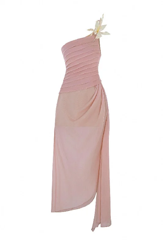 Party Dresses with Satin Trimmed Collar and Ruffled Hem for Ladies' Classic and Girly LookVespera Slit One Shoulder Silk Calf Length Dress Party Dresses with Satin Trimmed Collar and Ruffled Hem for Ladies' Classic and Girly LookVespera Slit One Shoulder Silk Calf Length Dress