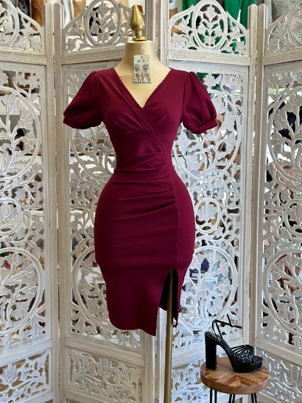 Party Dresses with Embroidered Birds and Sequined Floral Motifs and Satin and Lace Combo for Ladies' Nature Inspired and Romantic LookWine Puff Sleeve Cross Front Dress Party Dresses with Embroidered Birds and Sequined Floral Motifs and Satin and Lace Combo for Ladies' Nature Inspired and Romantic LookWine Puff Sleeve Cross Front Dress