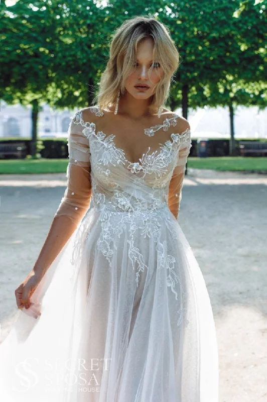 Wedding Dresses with Sequined Stripes and Sheer Back and Embroidered Birds and Belt and Embroidered Floral Patterns for a Bold and Nature Inspired LookMaluma Wedding Dresses with Sequined Stripes and Sheer Back and Embroidered Birds and Belt and Embroidered Floral Patterns for a Bold and Nature Inspired LookMaluma