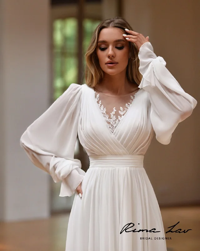 Wedding Dresses with Satin and Lace Trimmed Neckline and Ruffled Sleeves and Embroidered Skirt and Bow at the Back for a Sophisticated and Girly LookChezara Wedding Dresses with Satin and Lace Trimmed Neckline and Ruffled Sleeves and Embroidered Skirt and Bow at the Back for a Sophisticated and Girly LookChezara