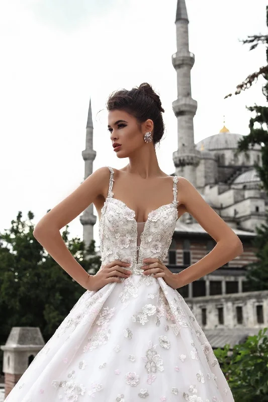 Wedding Dresses with Satin Trimmed Collar and Bow Back and Embroidered Skirt and Sequined Bodice and Belt and Embroidered Floral Patterns for a Classic and Glamorous LookElif Wedding Dresses with Satin Trimmed Collar and Bow Back and Embroidered Skirt and Sequined Bodice and Belt and Embroidered Floral Patterns for a Classic and Glamorous LookElif