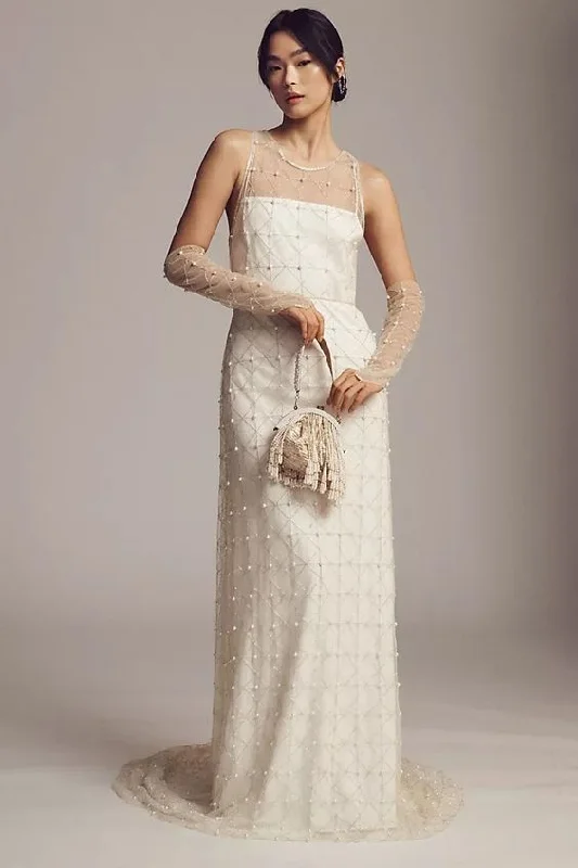 Wedding Dresses with Satin Trimmed Collar and Ruffled Hem and Bow at the Waist for a Classic and Girly LookBHLDN Clemence