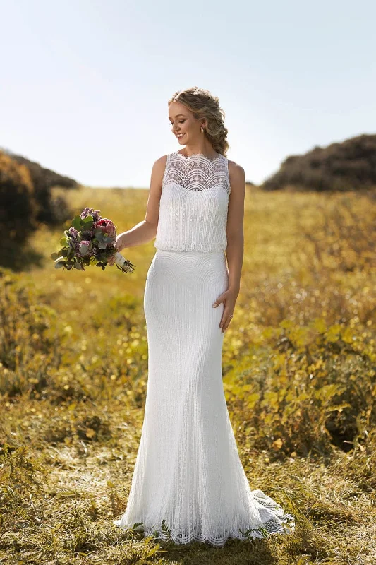 Wedding Dresses with Pleated Tulle Skirt and Sequined Geometric Shapes and Lace Overlay and Bow at the Waist for a Princess and Feminine LookBR21414 Wedding Dresses with Pleated Tulle Skirt and Sequined Geometric Shapes and Lace Overlay and Bow at the Waist for a Princess and Feminine LookBR21414