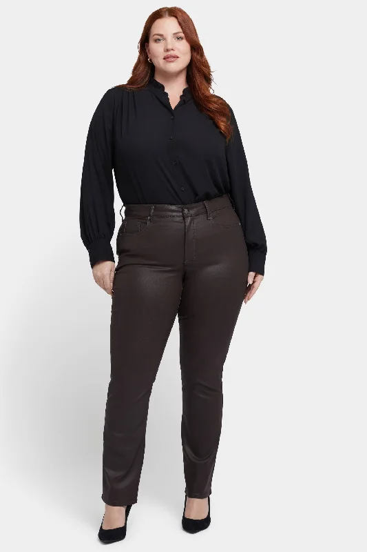 Recycled denim jeans made from repurposed materials for an environmentally conscious optionCoated Marilyn Straight Jeans In Plus Size - Coffee Bean Coated Recycled denim jeans made from repurposed materials for an environmentally conscious optionCoated Marilyn Straight Jeans In Plus Size - Coffee Bean Coated