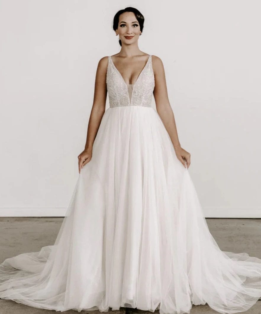 Wedding Dresses with Satin Trimmed Collar and Bow Back and Embroidered Skirt and Sequined Bodice and Belt and Embroidered Floral Patterns for a Classic and Glamorous LookColby John C632 - Size 10 Wedding Dresses with Satin Trimmed Collar and Bow Back and Embroidered Skirt and Sequined Bodice and Belt and Embroidered Floral Patterns for a Classic and Glamorous LookColby John C632 - Size 10