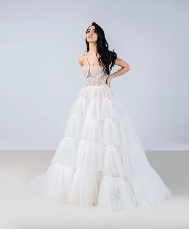 Wedding Dresses with Ruffled Sleeveless Top and Sequined Bodice and Tulle Skirt and Beaded Waistband and Bow at the Back and Embroidered Floral Patterns for a Dramatic and Glamorous LookColby John C673 - Size 6 Wedding Dresses with Ruffled Sleeveless Top and Sequined Bodice and Tulle Skirt and Beaded Waistband and Bow at the Back and Embroidered Floral Patterns for a Dramatic and Glamorous LookColby John C673 - Size 6