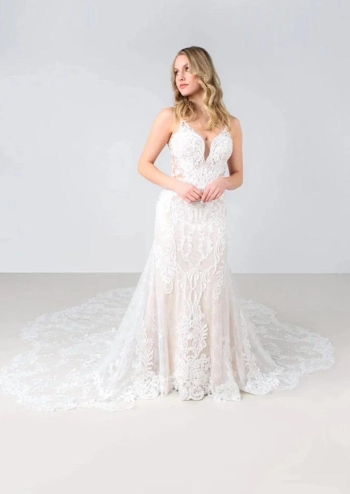 Wedding Dresses with Sequined Hearts and Ruffled Hem and Satin and Lace Combo and Bow at the Waist and Embroidered Floral Patterns and Belt for a Romantic and Sweet LookColby John C682 - Size 8 Wedding Dresses with Sequined Hearts and Ruffled Hem and Satin and Lace Combo and Bow at the Waist and Embroidered Floral Patterns and Belt for a Romantic and Sweet LookColby John C682 - Size 8