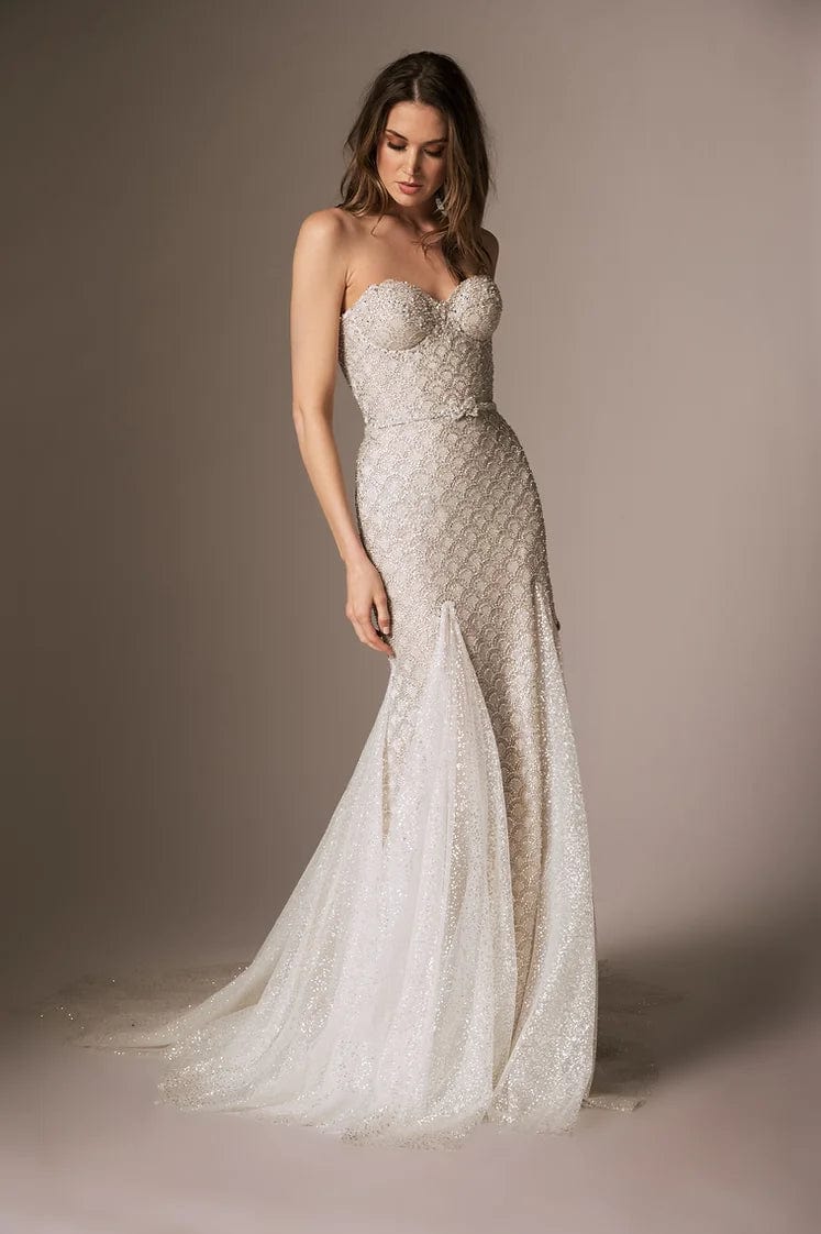 Wedding Dresses with Metallic Studs and Leather Trim and Sequined Belt for an Edgy and Rocker LookColby John Pisces - Size 6 Wedding Dresses with Metallic Studs and Leather Trim and Sequined Belt for an Edgy and Rocker LookColby John Pisces - Size 6