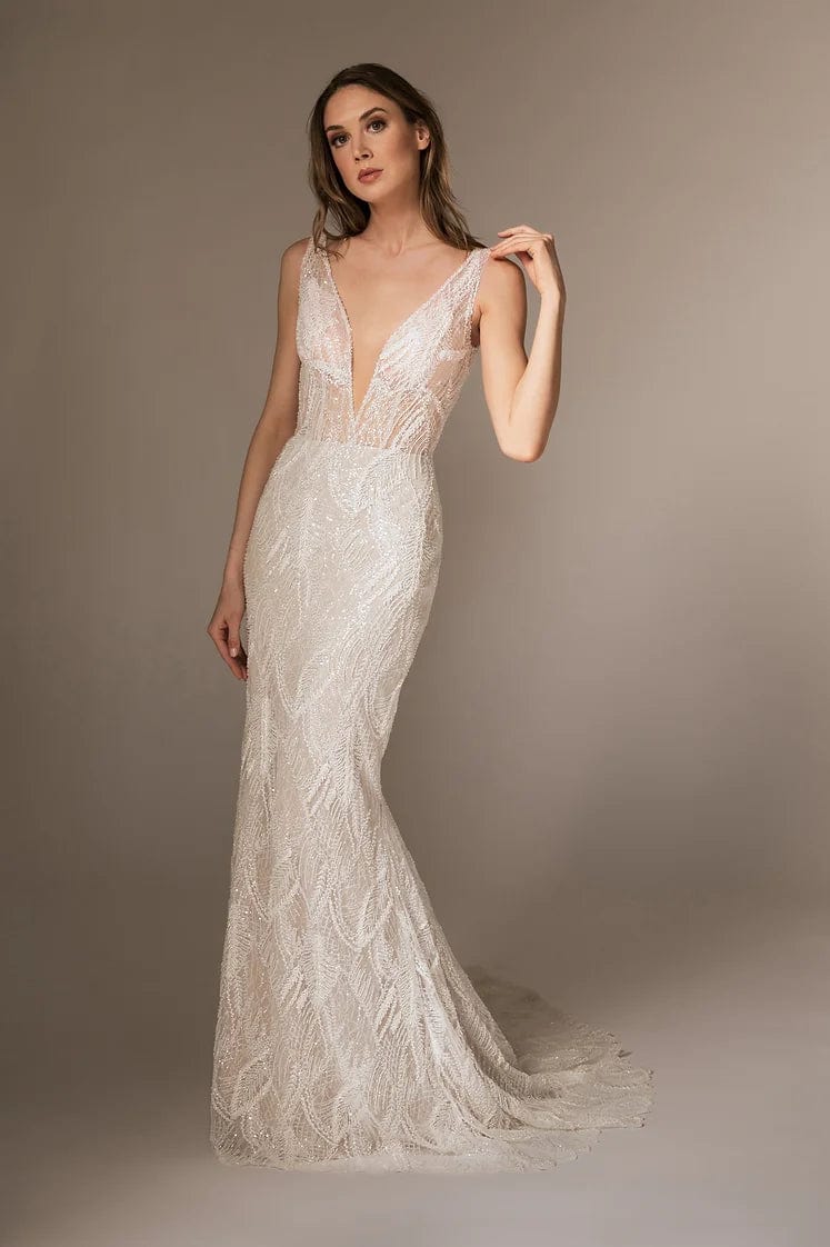 Wedding Dresses with Sheer Sleeve and Sequined Cuffs and Embroidered Bodice and Bow at the Waist for an Elegant and Sparkly LookColby John Willow L22635 - Size 6 Wedding Dresses with Sheer Sleeve and Sequined Cuffs and Embroidered Bodice and Bow at the Waist for an Elegant and Sparkly LookColby John Willow L22635 - Size 6