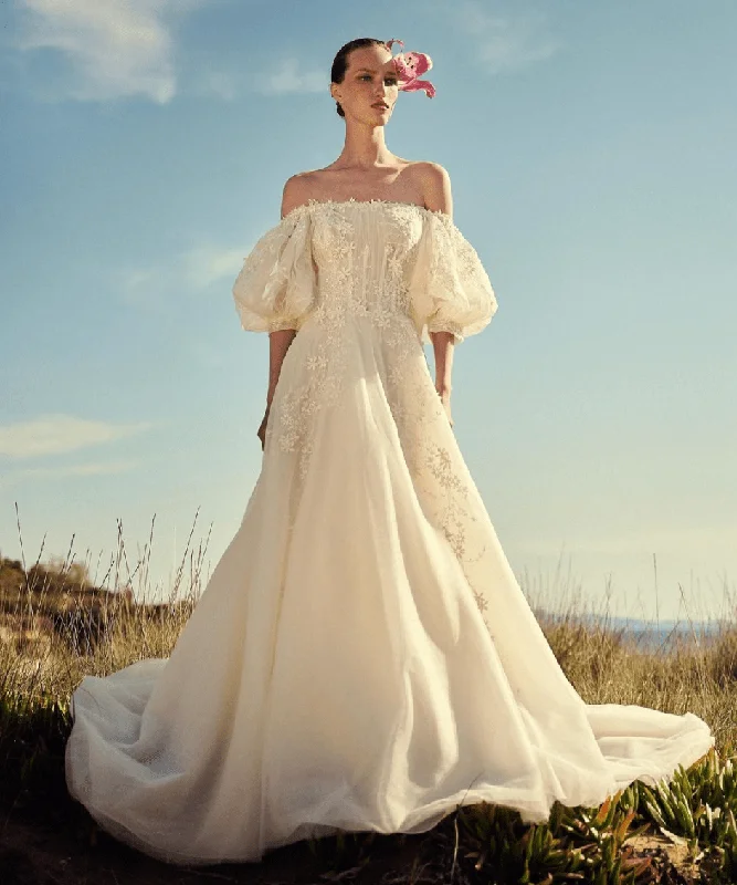 Wedding Dresses with Beaded Floral Wreath on the Bodice and Tulle Skirt and High Neck for a Delicate and Festive LookCostarellos Angelia - Size 8 Wedding Dresses with Beaded Floral Wreath on the Bodice and Tulle Skirt and High Neck for a Delicate and Festive LookCostarellos Angelia - Size 8