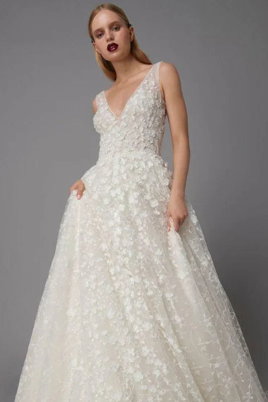 Wedding Dresses with Lace Insertions on the Skirt and Beaded Waistband and Ruffled Hem and Bow at the Waist for a Feminine and Flirty LookCostarellos Kallisto - Size 8 Wedding Dresses with Lace Insertions on the Skirt and Beaded Waistband and Ruffled Hem and Bow at the Waist for a Feminine and Flirty LookCostarellos Kallisto - Size 8