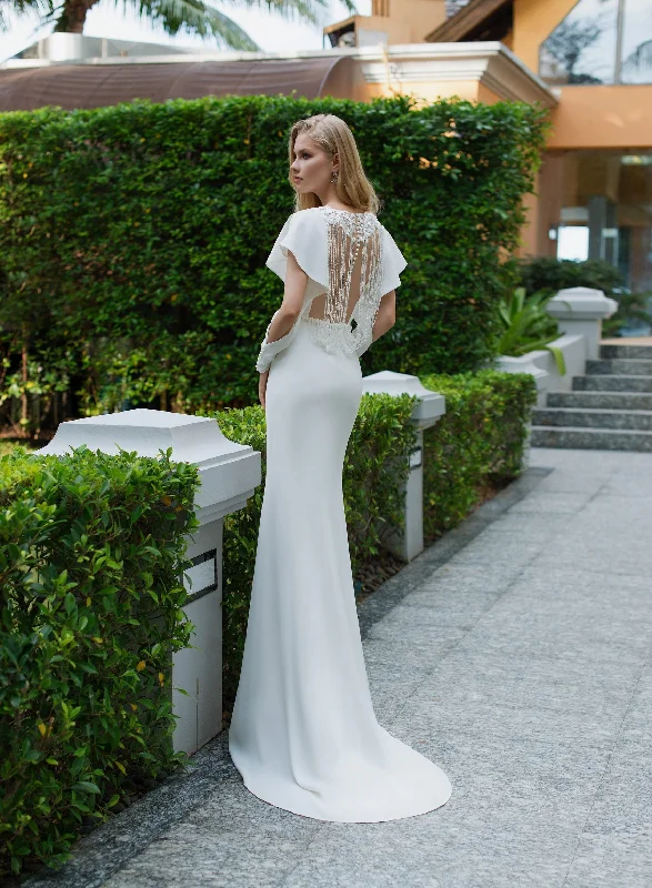 Wedding Dresses with Sequined Geometric Shapes and Lace and Chiffon Blend and Ruffled Sleeves and Belt for a Modern and Dramatic LookDzhansi Wedding Dresses with Sequined Geometric Shapes and Lace and Chiffon Blend and Ruffled Sleeves and Belt for a Modern and Dramatic LookDzhansi