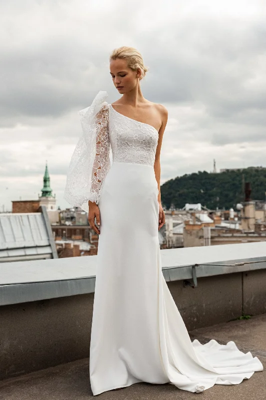 Wedding Dresses with Sheer Sleeve and Sequined Cuffs and Bow at the Waist and Embroidered Skirt and Belt for an Elegant and Intricate LookDaalarna BDP 222B - Size 4 Wedding Dresses with Sheer Sleeve and Sequined Cuffs and Bow at the Waist and Embroidered Skirt and Belt for an Elegant and Intricate LookDaalarna BDP 222B - Size 4