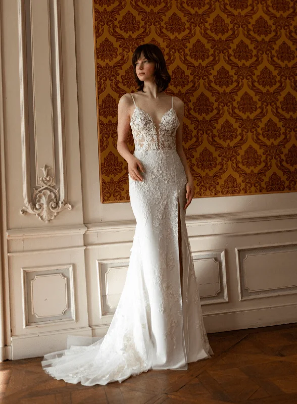 Wedding Dresses with Satin Trimmed Collar and Bow Back and Embroidered Skirt and Sequined Bodice and Belt and Embroidered Floral Patterns for a Classic and Glamorous LookDaalarna MRR384 - Size 8