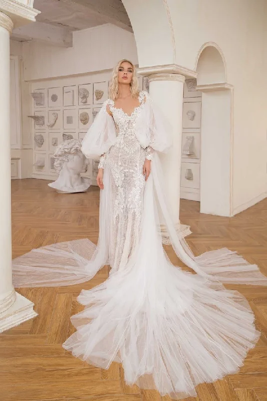 Wedding Dresses with Lace Insertions on the Skirt and Beaded Waistband and Ruffled Hem and Bow at the Waist for a Feminine and Flirty LookDany Tabet Olympia Cape - Size 10