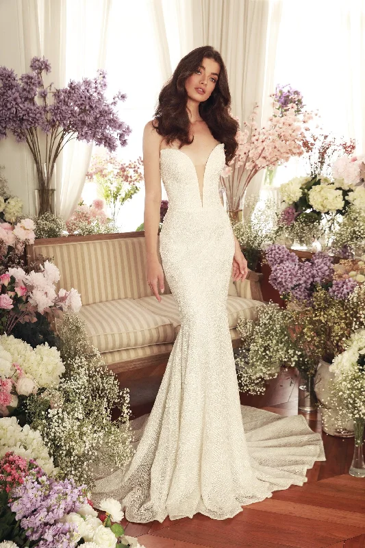 Wedding Dresses with Embroidered Stars and Sequined Dots and Sheer Sleeve and Belt for a Celestial and Playful LookDany Tabet Orah - Size 12 Wedding Dresses with Embroidered Stars and Sequined Dots and Sheer Sleeve and Belt for a Celestial and Playful LookDany Tabet Orah - Size 12