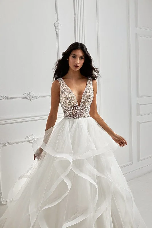 Wedding Dresses with Ruffled Sleeveless Top and Embroidered Skirt and Sequined Bodice for a Dramatic and Artistic LookDemetrios 8108 - Size 6 Wedding Dresses with Ruffled Sleeveless Top and Embroidered Skirt and Sequined Bodice for a Dramatic and Artistic LookDemetrios 8108 - Size 6