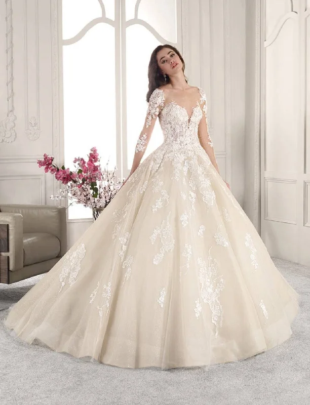 Wedding Dresses with Metallic Sequined Bodice and Chiffon Skirt and Ruffled Hem and Sheer Back for a Glamorous and Flirty LookDemetrios 843 - Size 16 Wedding Dresses with Metallic Sequined Bodice and Chiffon Skirt and Ruffled Hem and Sheer Back for a Glamorous and Flirty LookDemetrios 843 - Size 16