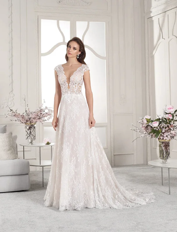 Wedding Dresses with Satin and Lace Trimmed Neckline and Ruffled Sleeves and Embroidered Skirt and Bow at the Back for a Sophisticated and Girly LookDemetrios 853 - Size 12 Wedding Dresses with Satin and Lace Trimmed Neckline and Ruffled Sleeves and Embroidered Skirt and Bow at the Back for a Sophisticated and Girly LookDemetrios 853 - Size 12