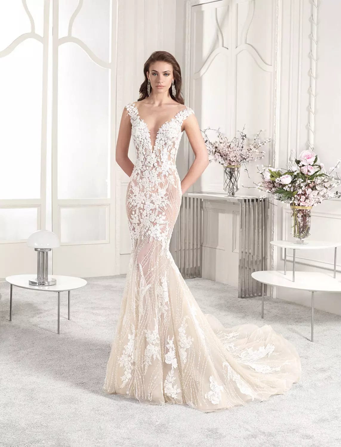 Wedding Dresses with Satin Trimmed Collar and Bow Back and Embroidered Skirt and Sequined Bodice and Belt for a Classic and Glamorous LookDemetrios 883 - Size 10 Wedding Dresses with Satin Trimmed Collar and Bow Back and Embroidered Skirt and Sequined Bodice and Belt for a Classic and Glamorous LookDemetrios 883 - Size 10
