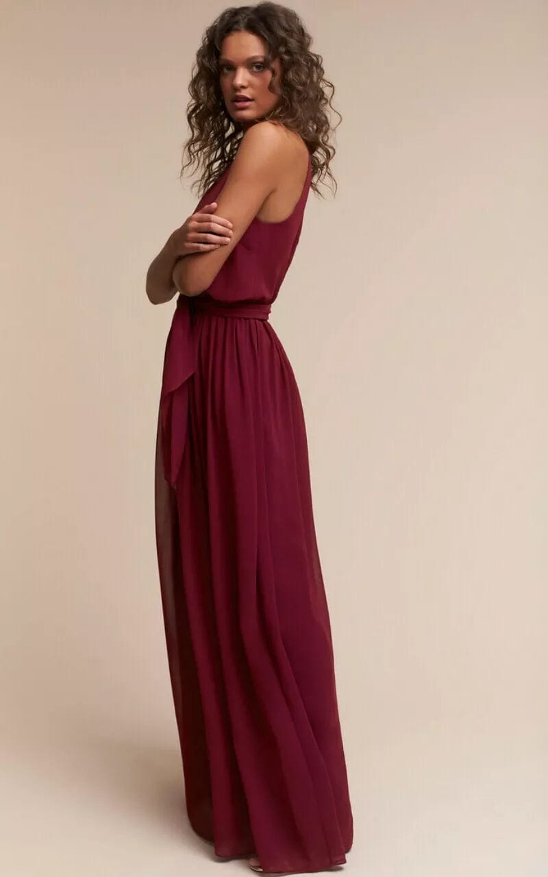 Wedding Dresses with Tassel Hem and Metallic Lace and Sequined Geometric Shapes and Satin Ribbon and Belt for a Boho and Luxurious LookDonna Morgan Alana Wedding Dresses with Tassel Hem and Metallic Lace and Sequined Geometric Shapes and Satin Ribbon and Belt for a Boho and Luxurious LookDonna Morgan Alana