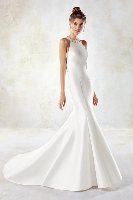 Wedding Dresses with Ruffled Sleeveless Top and Sequined Bodice and Tulle Skirt and Beaded Waistband and Bow at the Back and Embroidered Floral Patterns for a Dramatic and Glamorous LookEddy K. 1189 - Size 10 Wedding Dresses with Ruffled Sleeveless Top and Sequined Bodice and Tulle Skirt and Beaded Waistband and Bow at the Back and Embroidered Floral Patterns for a Dramatic and Glamorous LookEddy K. 1189 - Size 10