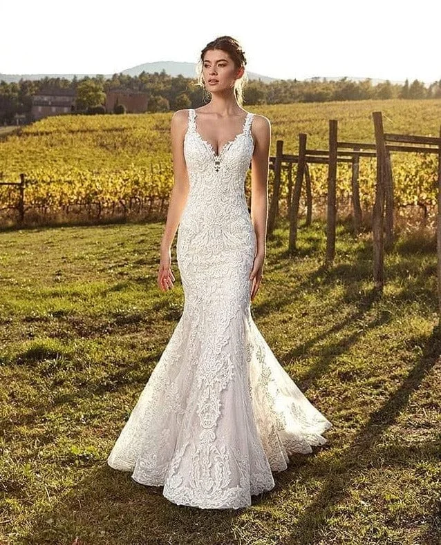 Wedding Dresses with Embroidered Birds and Sequined Floral Motifs and Satin and Lace Combo and Bow at the Waist and Embroidered Floral Patterns for a Nature Inspired and Romantic LookEddy K. 1203 - Size 10 Wedding Dresses with Embroidered Birds and Sequined Floral Motifs and Satin and Lace Combo and Bow at the Waist and Embroidered Floral Patterns for a Nature Inspired and Romantic LookEddy K. 1203 - Size 10