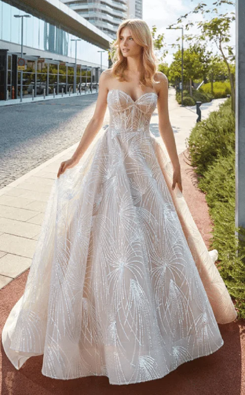 Wedding Dresses with Tulle Overlay and Beaded Bodice and High Low Hem and Embroidered Birds for a Dramatic and Graceful LookEddy K. Crystal - Size 10 Wedding Dresses with Tulle Overlay and Beaded Bodice and High Low Hem and Embroidered Birds for a Dramatic and Graceful LookEddy K. Crystal - Size 10