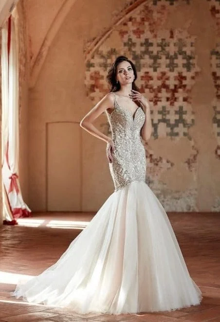 Wedding Dresses with Sequined Hearts and Satin and Lace Combination and Bow at the Waist for a Valentine's Day Wedding RomanceEddy K. CT173 - Size 10 Wedding Dresses with Sequined Hearts and Satin and Lace Combination and Bow at the Waist for a Valentine's Day Wedding RomanceEddy K. CT173 - Size 10