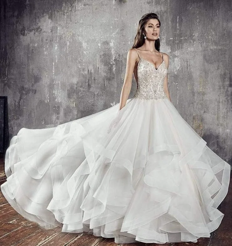 Wedding Dresses with Beaded Floral Wreath on the Bodice and Tulle Skirt and High Neck for a Delicate and Festive LookEddy K. CT191 - Size 12 Wedding Dresses with Beaded Floral Wreath on the Bodice and Tulle Skirt and High Neck for a Delicate and Festive LookEddy K. CT191 - Size 12