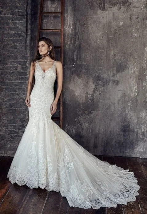 Wedding Dresses with Satin and Lace Trimmed Neckline and Ruffled Sleeves and Embroidered Skirt and Bow at the Back for a Sophisticated and Girly LookEddy K. CT209 - Size 12 Wedding Dresses with Satin and Lace Trimmed Neckline and Ruffled Sleeves and Embroidered Skirt and Bow at the Back for a Sophisticated and Girly LookEddy K. CT209 - Size 12