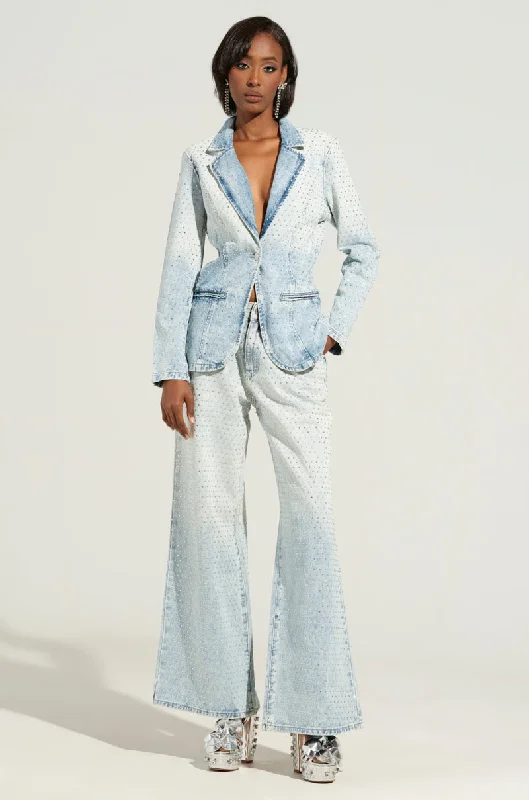Light - wash denim jeans in a straight - leg silhouette for a fresh and summery feelELECTRIC EMBELLISHED WIDE LEG JEANS Light - wash denim jeans in a straight - leg silhouette for a fresh and summery feelELECTRIC EMBELLISHED WIDE LEG JEANS