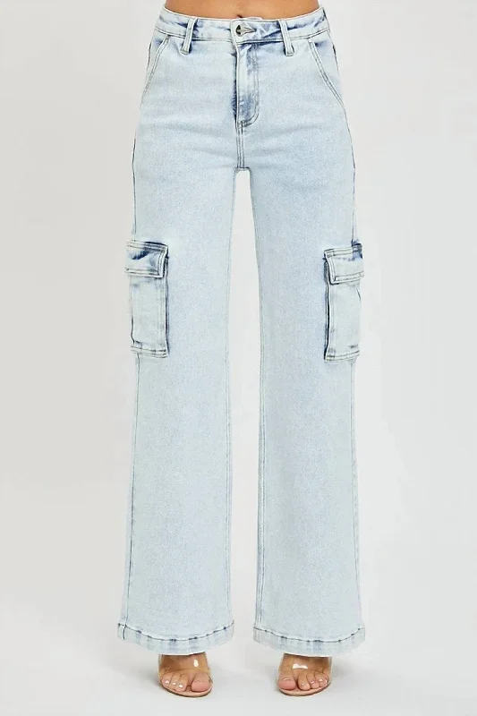 Denim jeans for outdoor adventures such as hiking, camping, and cyclingHigh Rise Wide Cargo Jeans In Light Wash Denim jeans for outdoor adventures such as hiking, camping, and cyclingHigh Rise Wide Cargo Jeans In Light Wash