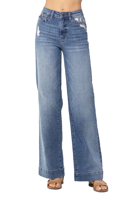 Denim jeans for a family gathering in a casual settingHigh Waist Mild Destroy Wide Leg Trouser Jean In Medium Wash Denim jeans for a family gathering in a casual settingHigh Waist Mild Destroy Wide Leg Trouser Jean In Medium Wash