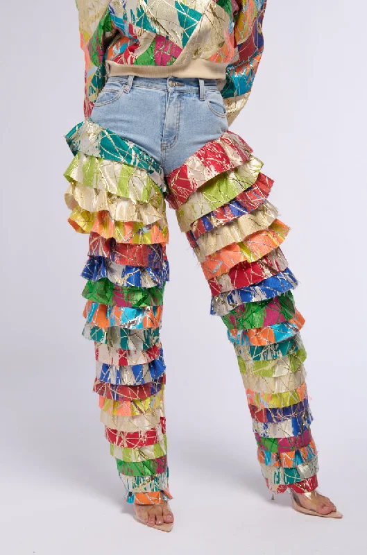 Denim jeans for a skiing holiday to wear under ski pantsLIFE IS BUT A DREAM BROCADE RUFFLE DENIM JEANS Denim jeans for a skiing holiday to wear under ski pantsLIFE IS BUT A DREAM BROCADE RUFFLE DENIM JEANS