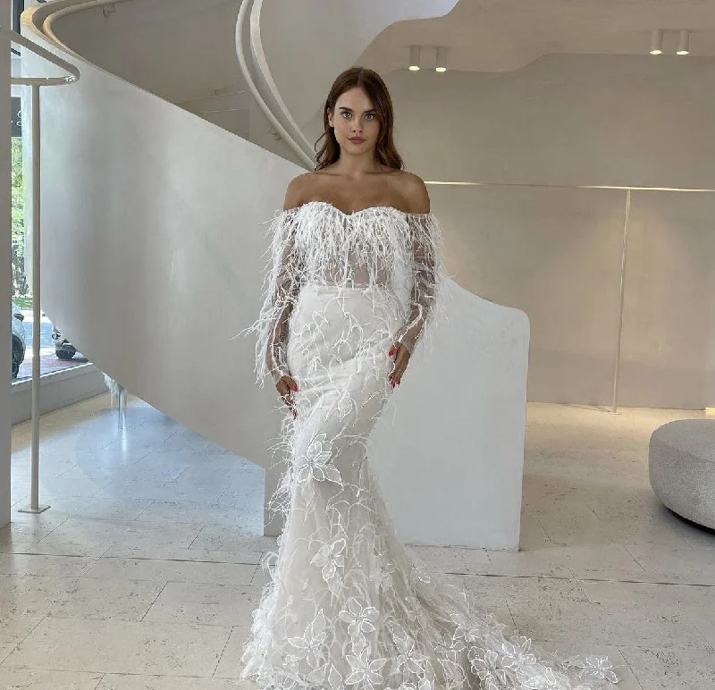 Wedding Dresses with Embroidered Birds and Sequined Floral Motifs and Satin and Lace Combo and Bow at the Waist for a Nature Inspired and Romantic LookLiz Martinez Judie Wedding Dresses with Embroidered Birds and Sequined Floral Motifs and Satin and Lace Combo and Bow at the Waist for a Nature Inspired and Romantic LookLiz Martinez Judie