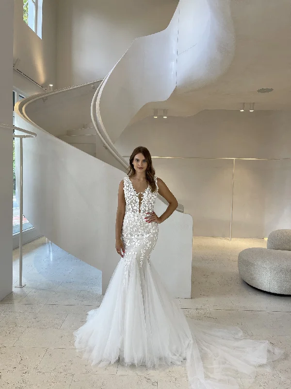 Wedding Dresses with Sequined Star Motifs and Sheer Sleeve and Ruffled Hem and Belt for a Celestial and Elegant LookLiz Martinez Sofia Wedding Dresses with Sequined Star Motifs and Sheer Sleeve and Ruffled Hem and Belt for a Celestial and Elegant LookLiz Martinez Sofia