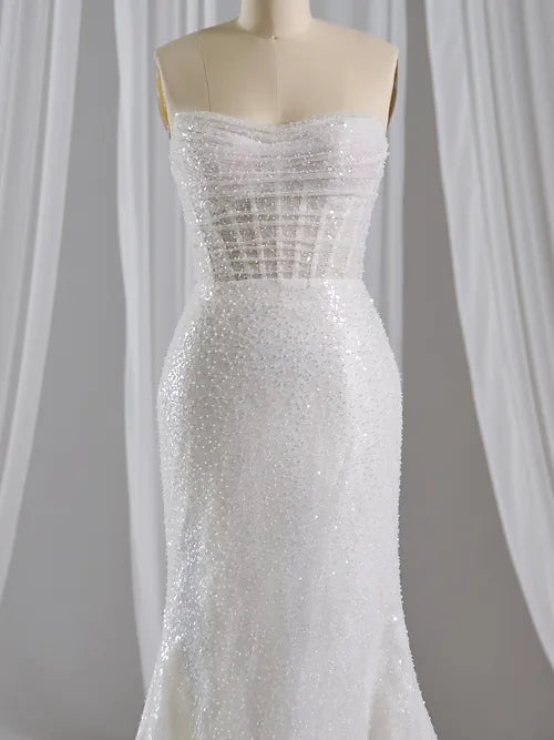 Wedding Dresses with Satin and Lace Trimmed Neckline and Ruffled Sleeves and Embroidered Skirt and Bow at the Back and Belt for a Sophisticated and Girly LookMaggie Sottero Drew Wedding Dresses with Satin and Lace Trimmed Neckline and Ruffled Sleeves and Embroidered Skirt and Bow at the Back and Belt for a Sophisticated and Girly LookMaggie Sottero Drew