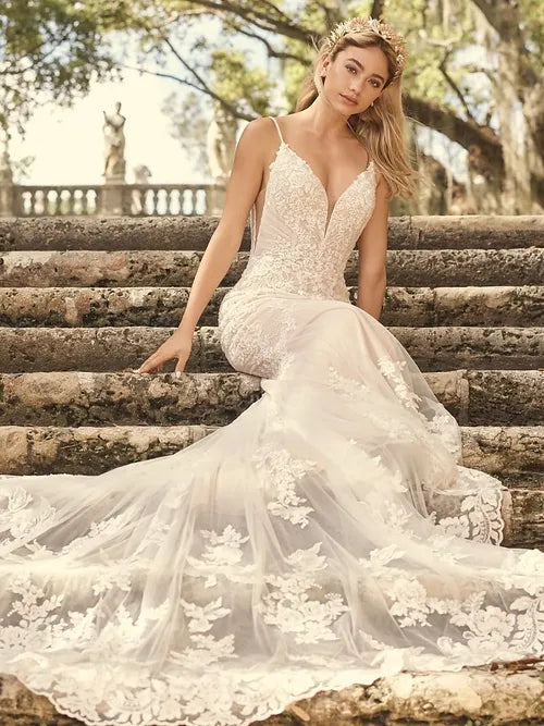 Printed Wedding Dresses with Floral Patterns and Satin Sash for a Romantic LookMaggie Sottero Fontaine Printed Wedding Dresses with Floral Patterns and Satin Sash for a Romantic LookMaggie Sottero Fontaine