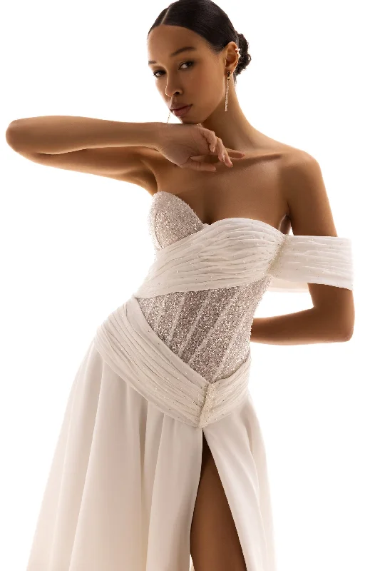 Wedding Dresses with Sequined Hearts and Satin and Lace Combination and Bow at the Waist for a Valentine's Day Wedding RomanceSCINTILLA Wedding Dresses with Sequined Hearts and Satin and Lace Combination and Bow at the Waist for a Valentine's Day Wedding RomanceSCINTILLA