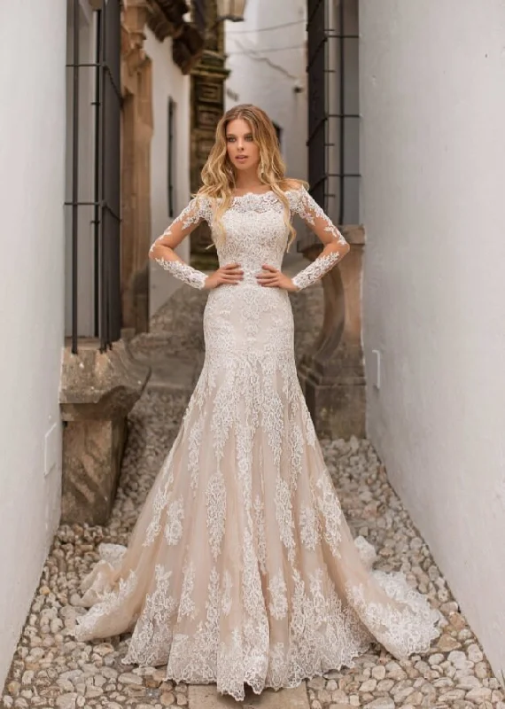Wedding Dresses with Beaded Floral Wreath on the Bodice and High Low Hem and Belt for a Delicate and Dramatic LookJacquelyn Wedding Dresses with Beaded Floral Wreath on the Bodice and High Low Hem and Belt for a Delicate and Dramatic LookJacquelyn