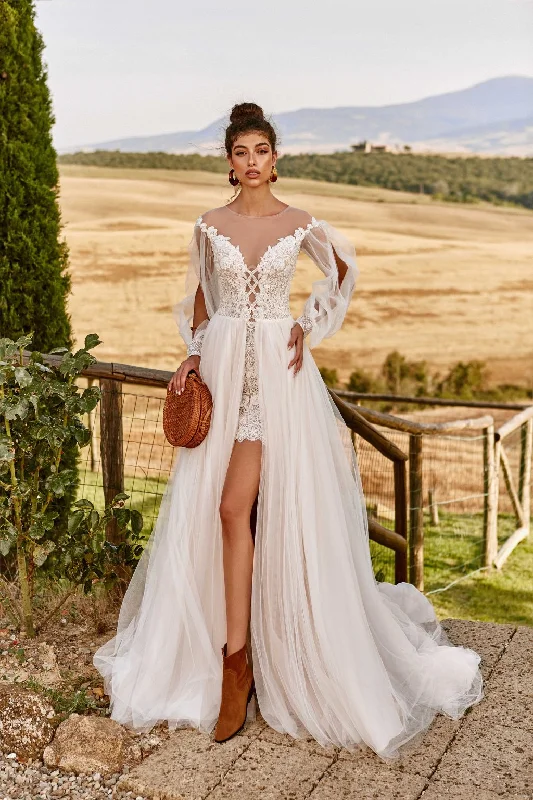 Wedding Dresses with Ruffled Sleeves and High Neck and Belt for a Dramatic and Elegant LookParadise Wedding Dresses with Ruffled Sleeves and High Neck and Belt for a Dramatic and Elegant LookParadise